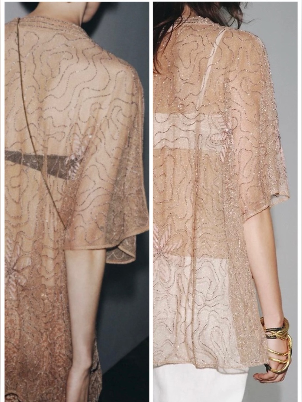 Zara Sequin Beaded Embroidered Kimono Blouse Kaftan Sheer Beige Pink Med - Large - Picture 5 of 16